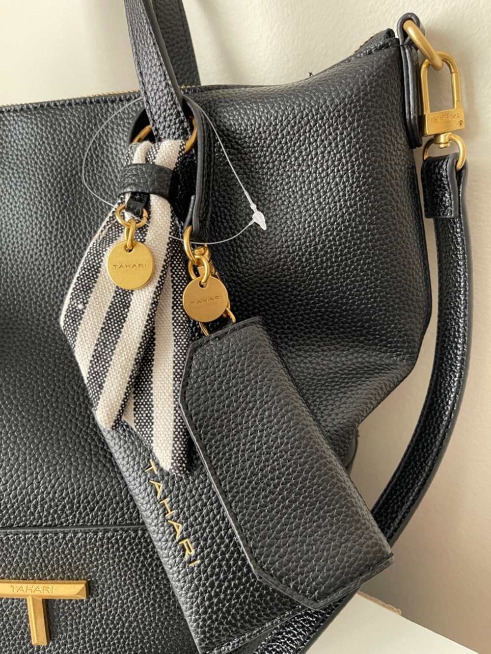 NWT...Tahari Black Pebbled Leather Shoulder Tote with Gold Hardware - Picture 3 of 7